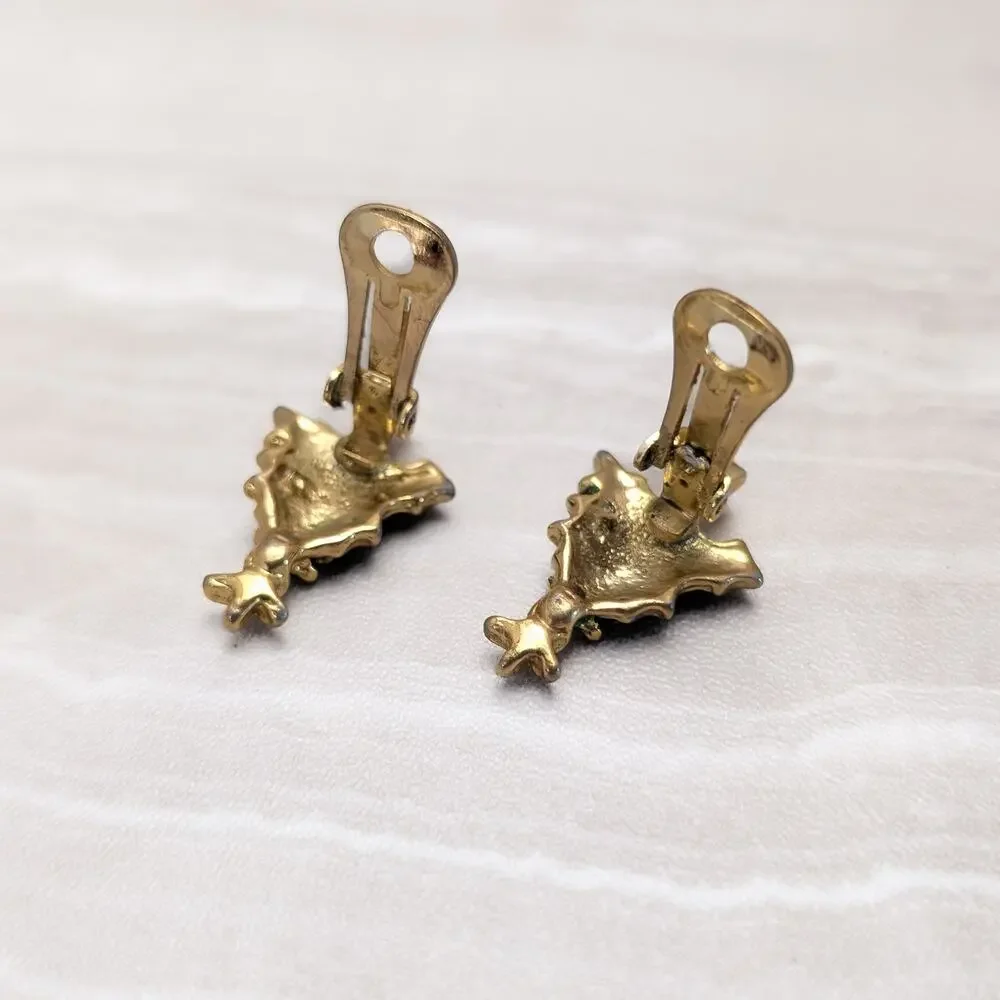 Vintage Clip On Earrings Gold Tone, Green & Red Christmas Tree